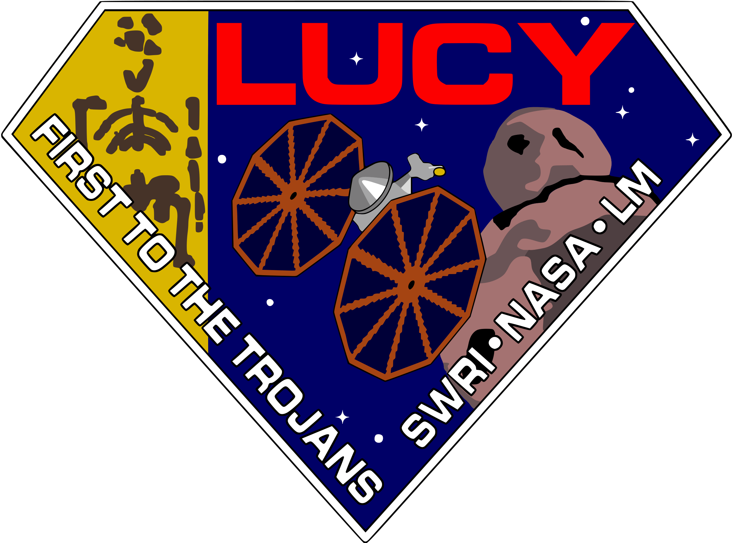 The Lucy logo says "first to the Trojan asteroids. It features an outline of the Lucy skeleton, the spacecraft and Trojan asteroids in the backgorund.