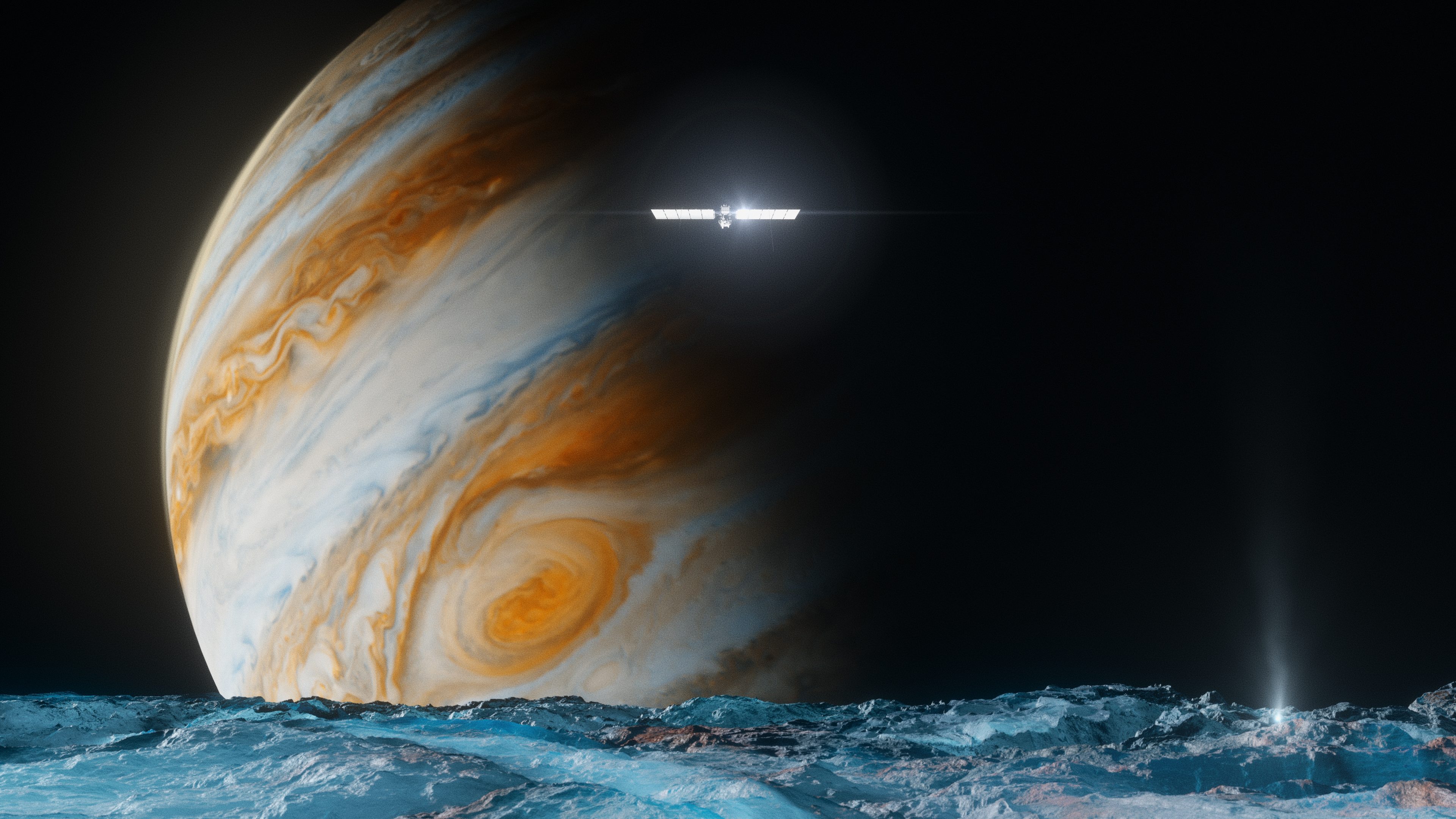 Illustration of Europa Clipper with Jupiter in the background and the surface of Europa below with a plume spraying up.