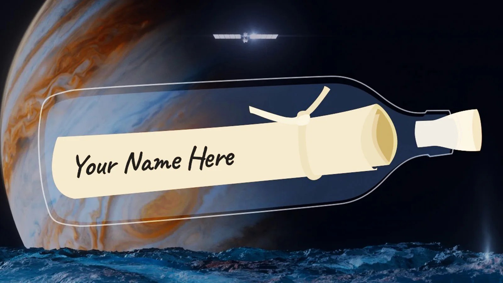 An illustration of a giant bottle with a message inside. The bottle is in front of Jupiter with Europa's ocean below it. The Europa Clipper spacecraft is up over the bottle.