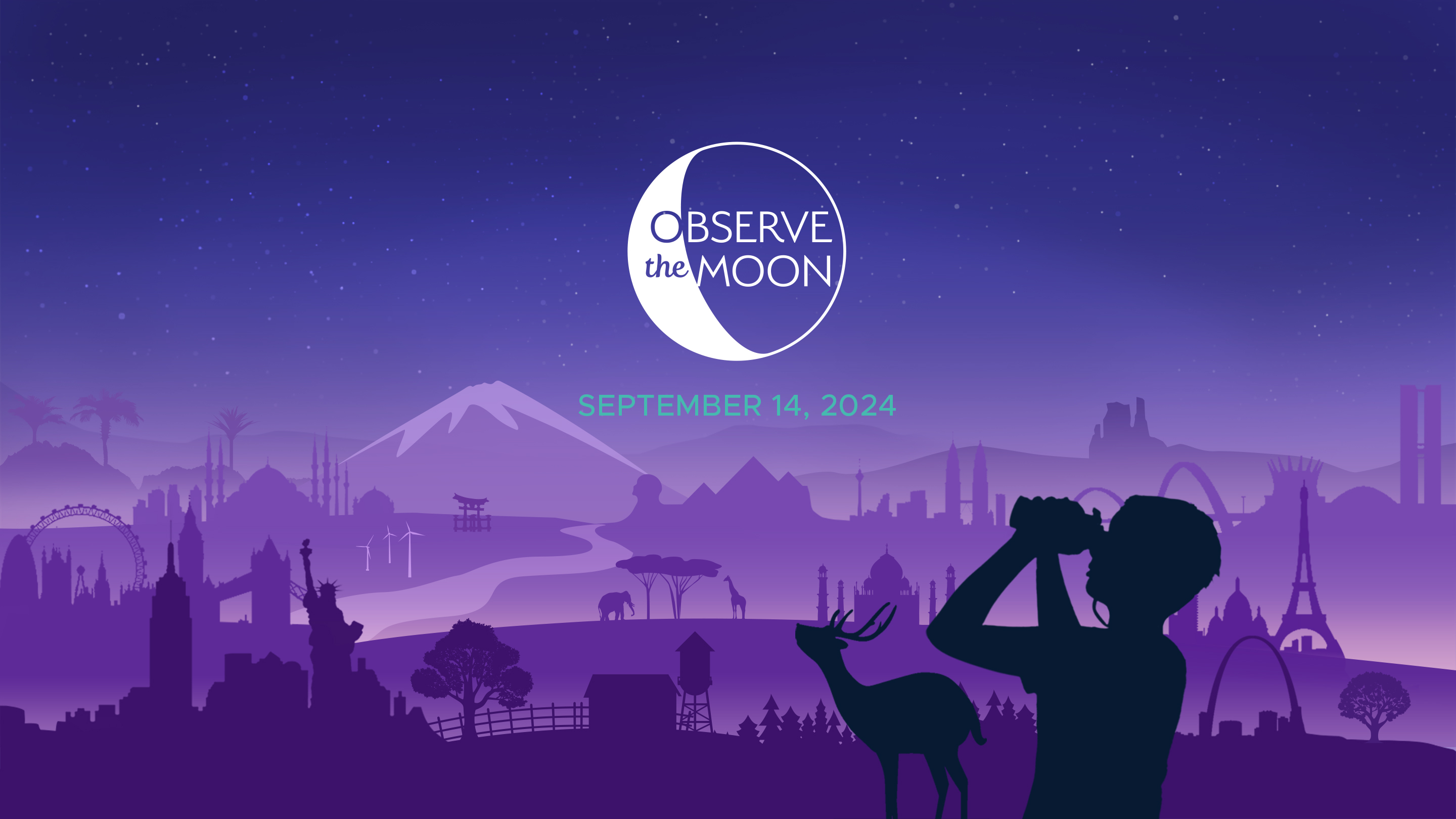 Illustration of imagined landscape with world landmarks, silhouette of a boy looking up at a graphical logo representing the Moon, with the title "Observe the Moon". Subtitle text reads, "September 14, 2024"