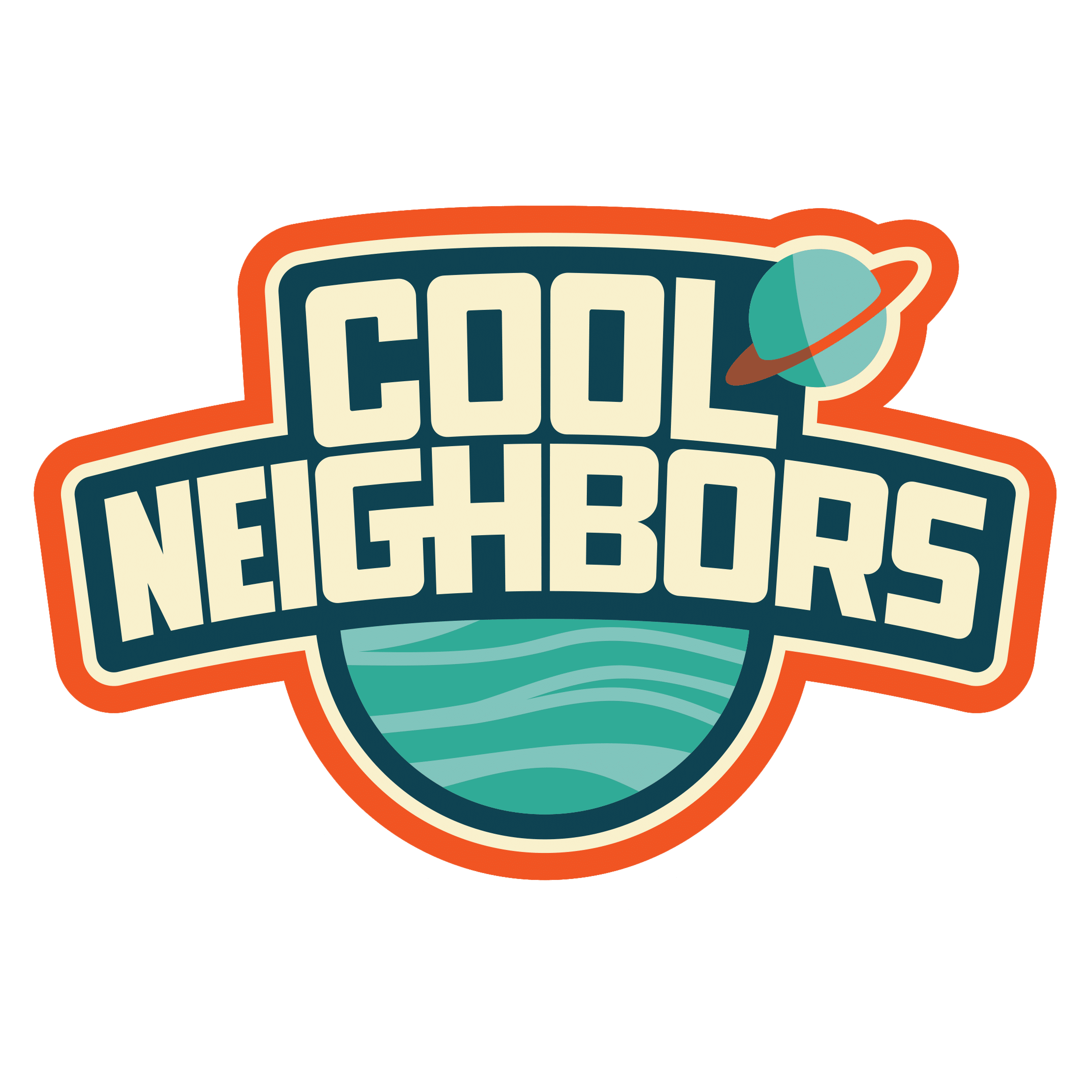 Puffy text in cream reads Cool Neighbors and sits on top of a cartoon style planet with another planet in the upper right corner. The logo is surrounded by a thick orange stroke line.