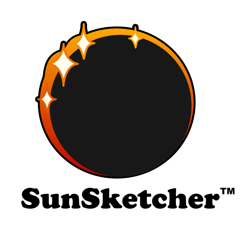 An illustrated eclipse logo with a larger orange circle eclipsed by a slightly smaller black circle. There are 4 flares in the upper left side. The title SunSketcher sits below the log.