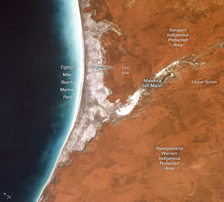 The image shows the coastline, slightly curved, but smooth, with ocean on the left and the land to the right. The land occupies over half the image and is seen in an orange brown shade with the exception of the coastline and an inland valley being white with salt.