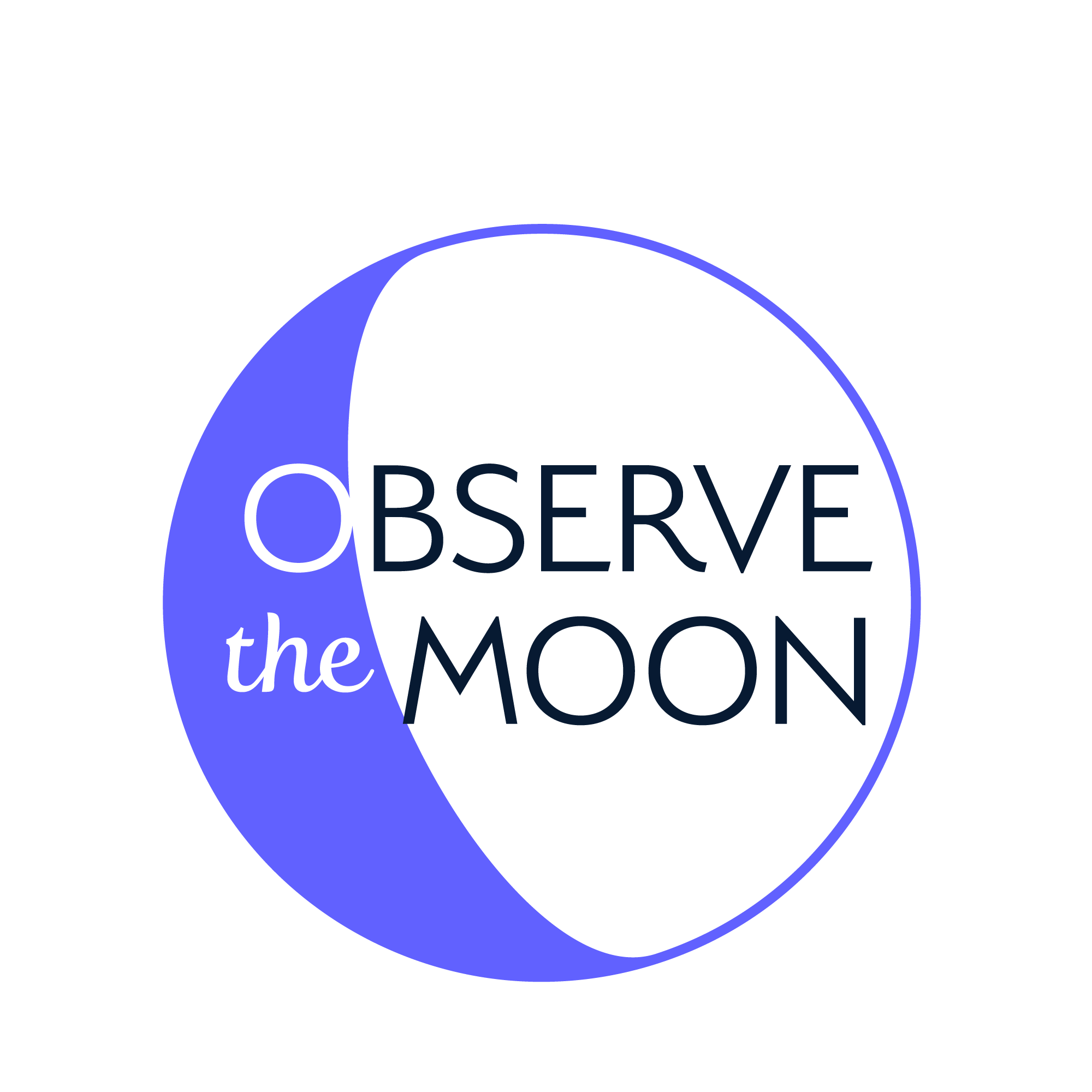 A simple two-color illustration of a gibbous Moon containing the words "Observe the Moon."