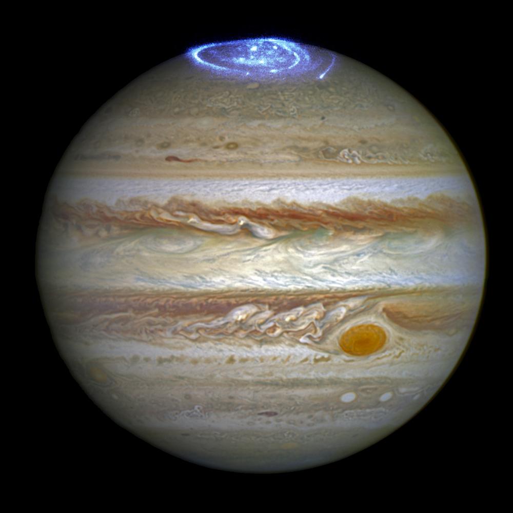 Auroras can occur on other planets and moons with atmospheres. They usually happen where a planet's magnetic field lines meet its atmosphere and have been seen on places like Saturn and Jupiter. However, they can occur in different ways on any planet with an atmosphere. <br><em><sub>Image credit: NASA/ESA/J. Nichols, A. Simon</sub></em>