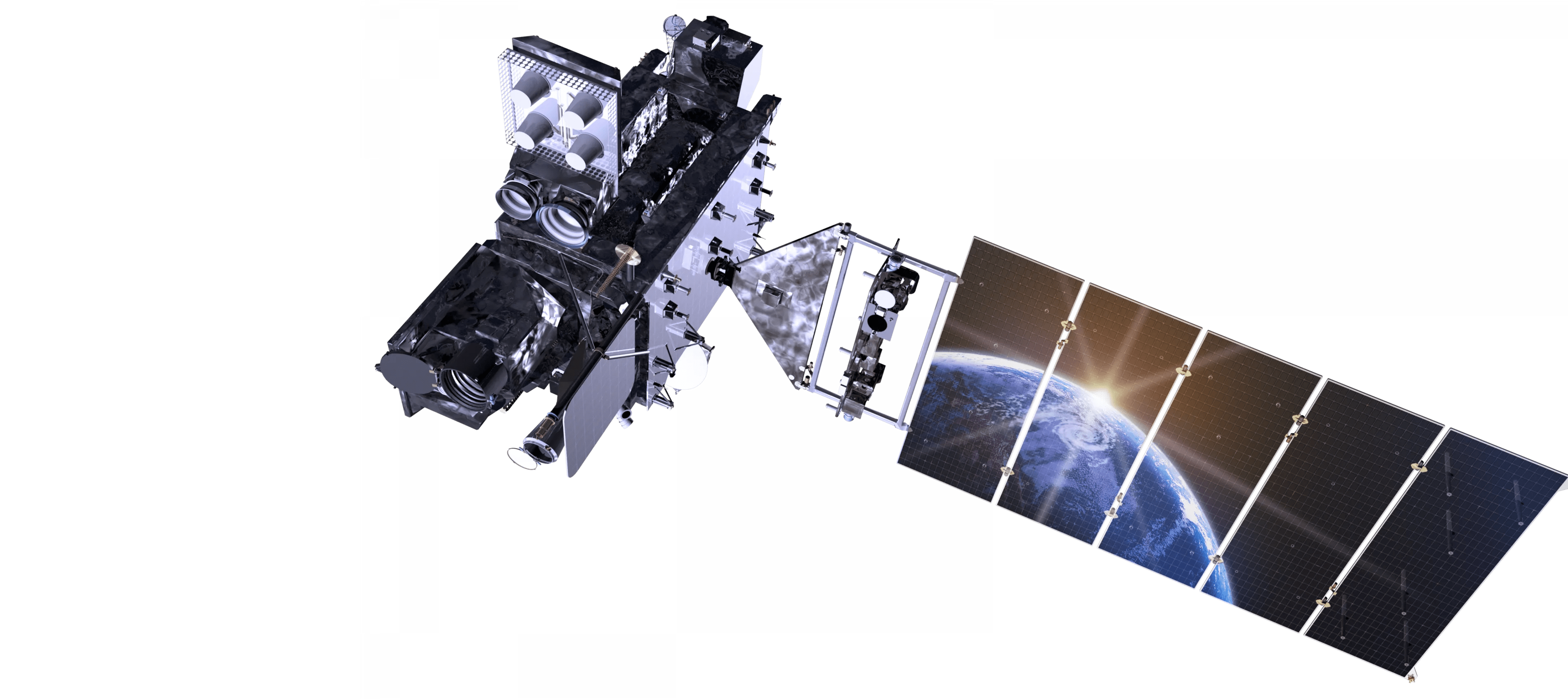 GOES-R series satellite 3d rendering front left side visible with the Earth reflected in it's solar panels.