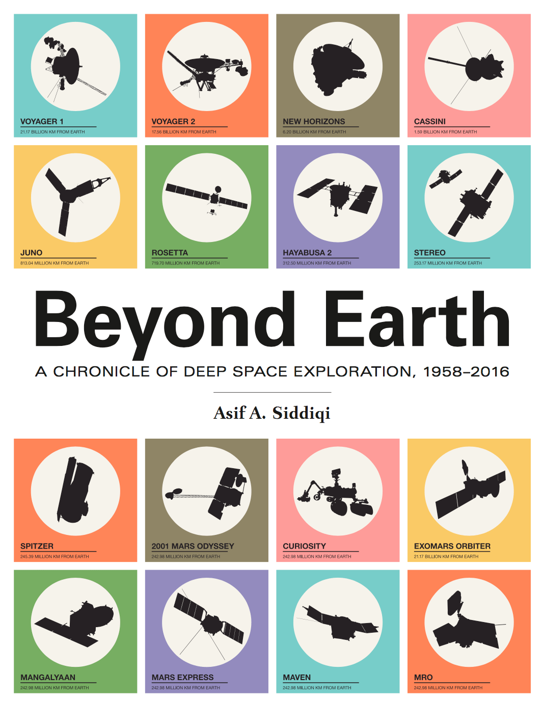 Colorful book cover for Beyond Earth: A Chronicle of Deep Space Exploration. It features spacecraft cutouts against a bright primary colors.