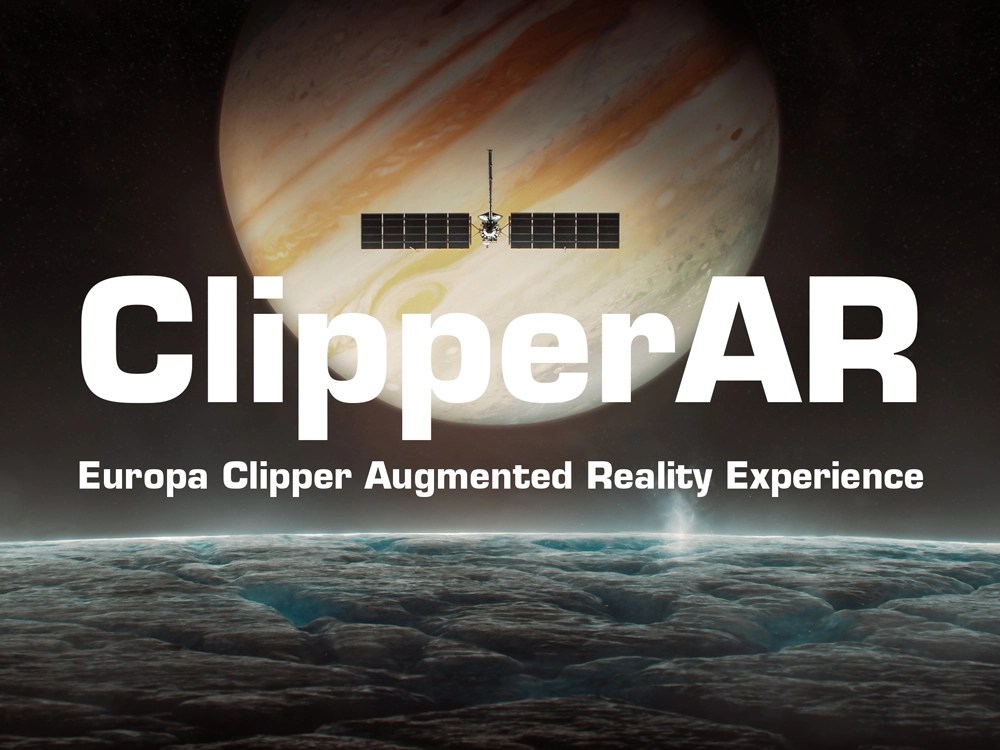 A banner showing Jupiter with Europa Clipper orbiting and white text over the image promoting Clipper AR.