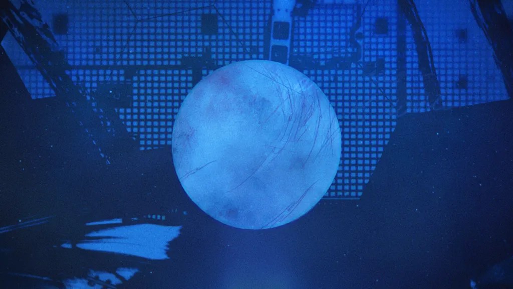 An illustration of Europa in blue. This image serves as a slate to open a video about Europa.