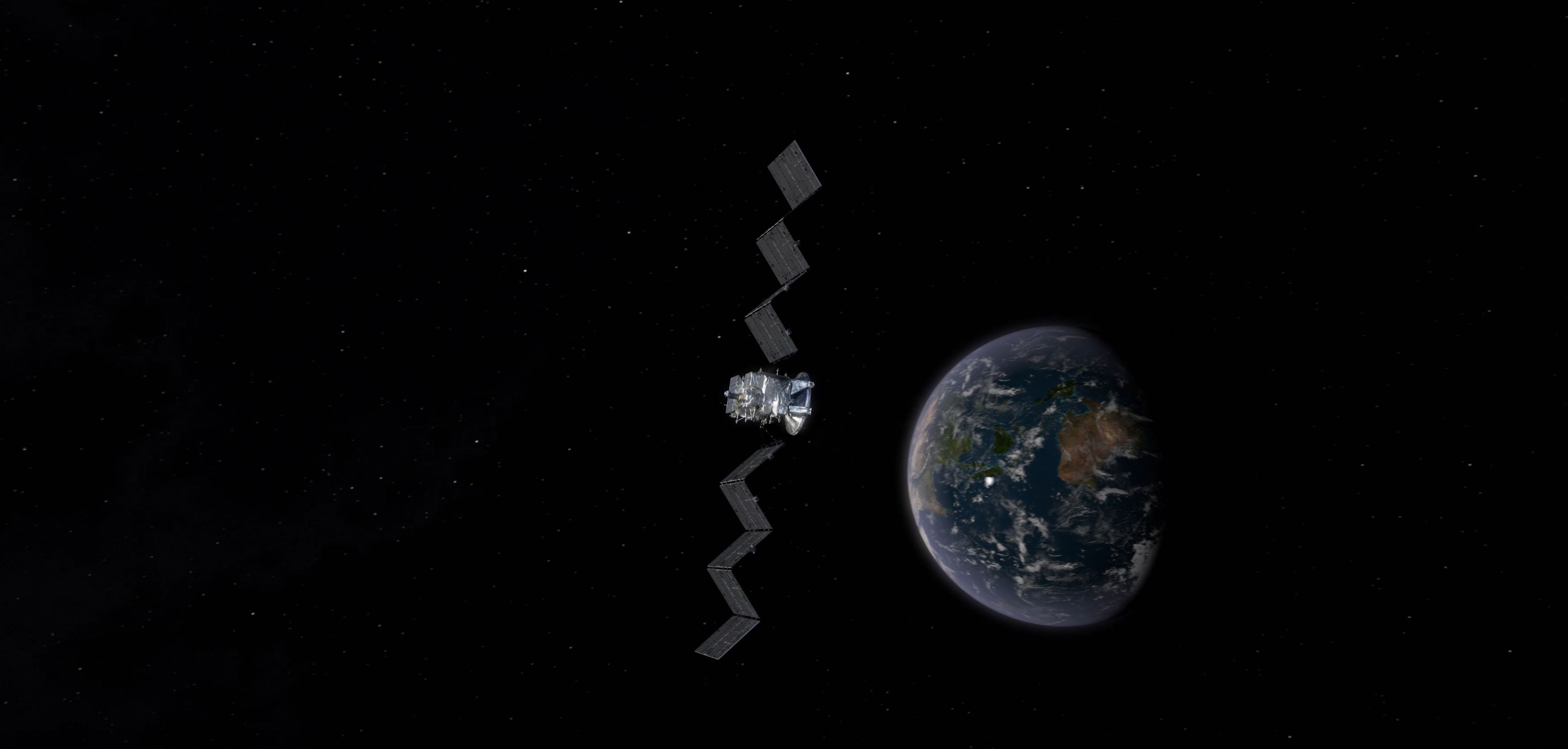 A screengrab from a video showing Europa Clipper opening its solar arrays in space. Earth is behind the spacecraft.
