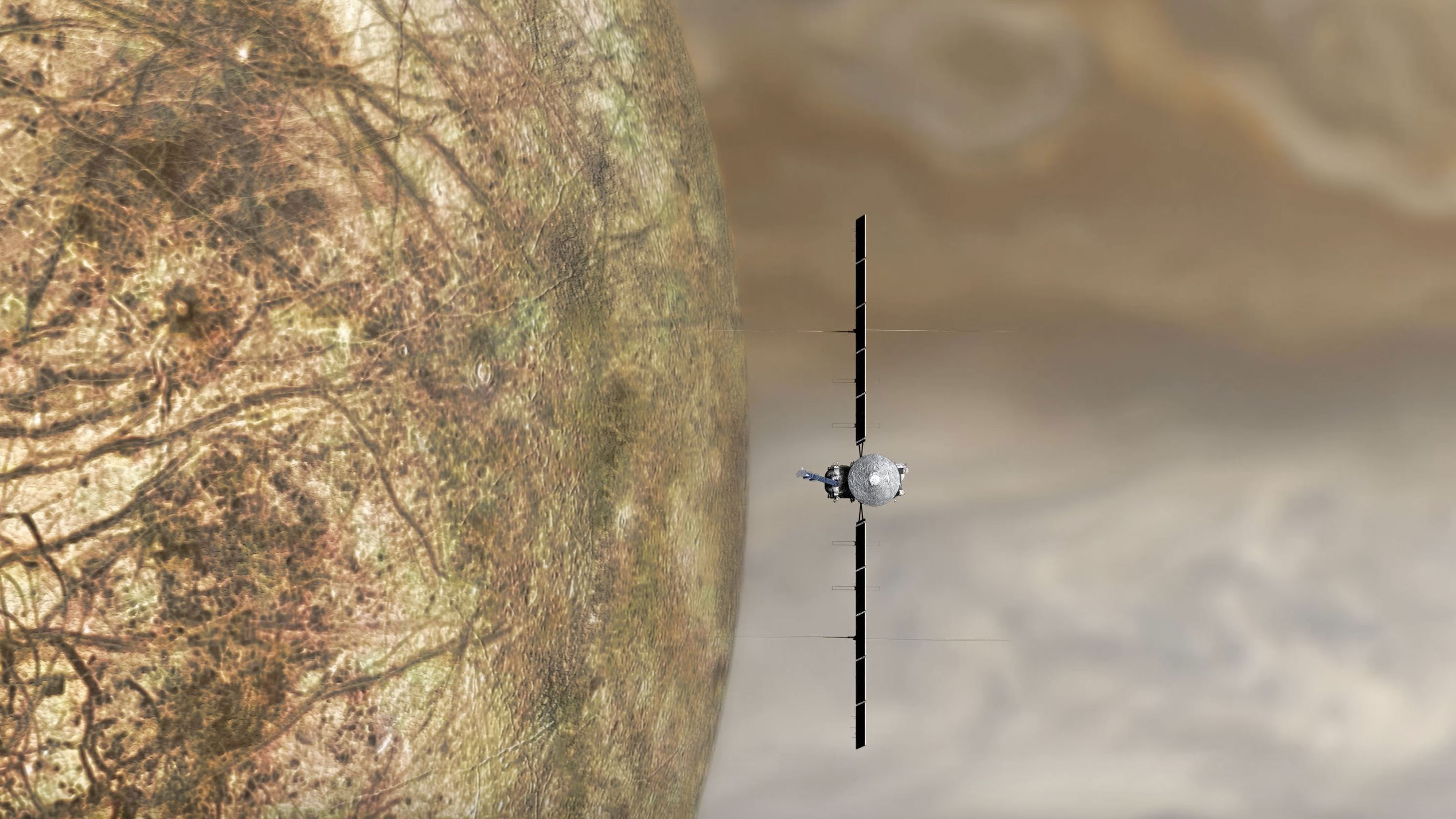 An illustration of Europa Clipper flying by Europa.