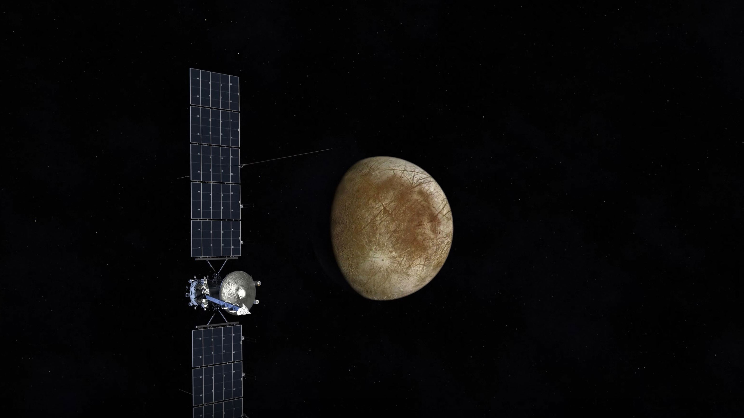 An artist's concept of Europa Clipper flying past Europa.