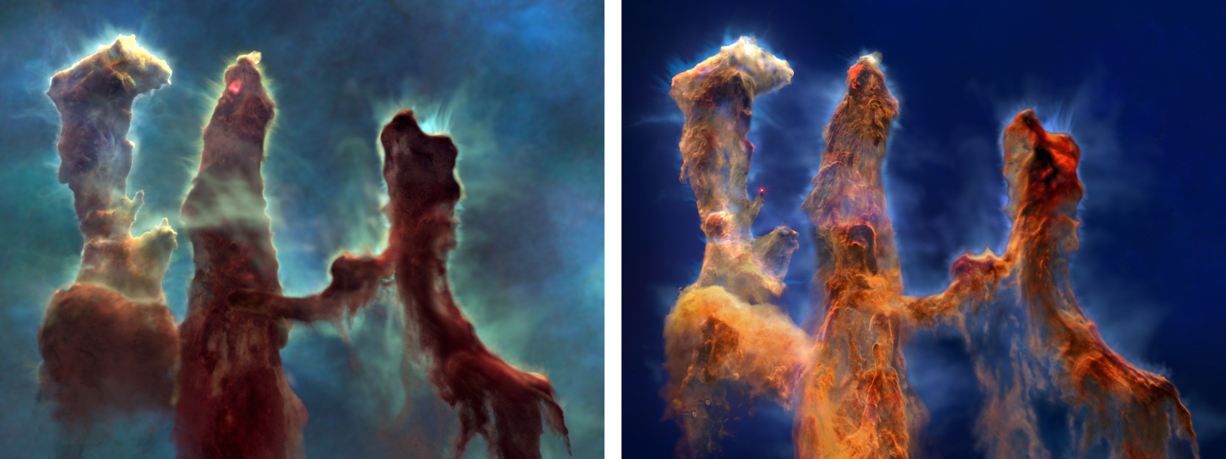Two visualizations using Hubble and Webb data. The left image is from visible-light data collected by Hubble. The right visualization is from infrared-light data collected by Webb.