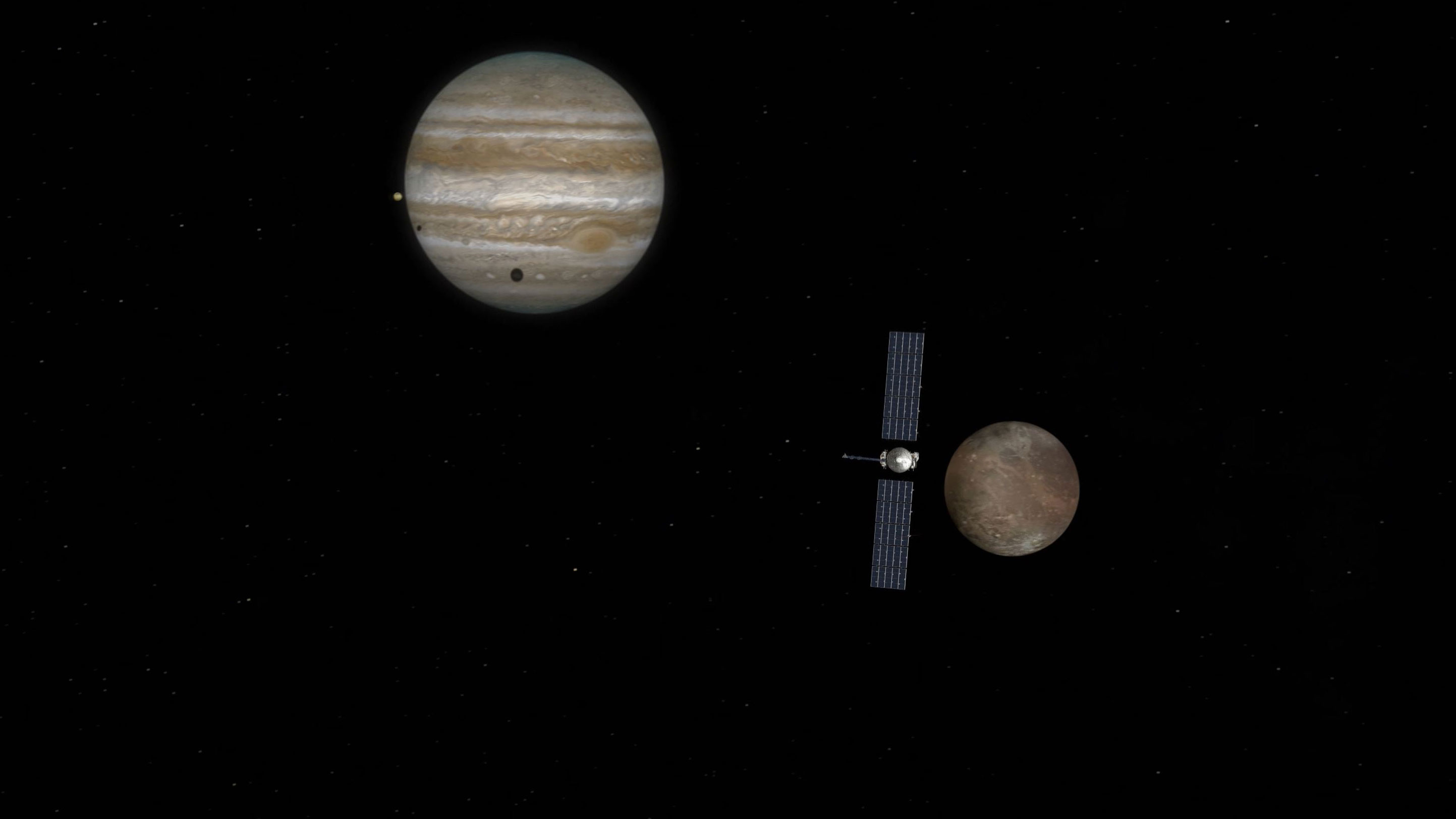 An illustration from an animation showing Europa Clipper with Jupiter and Europa.