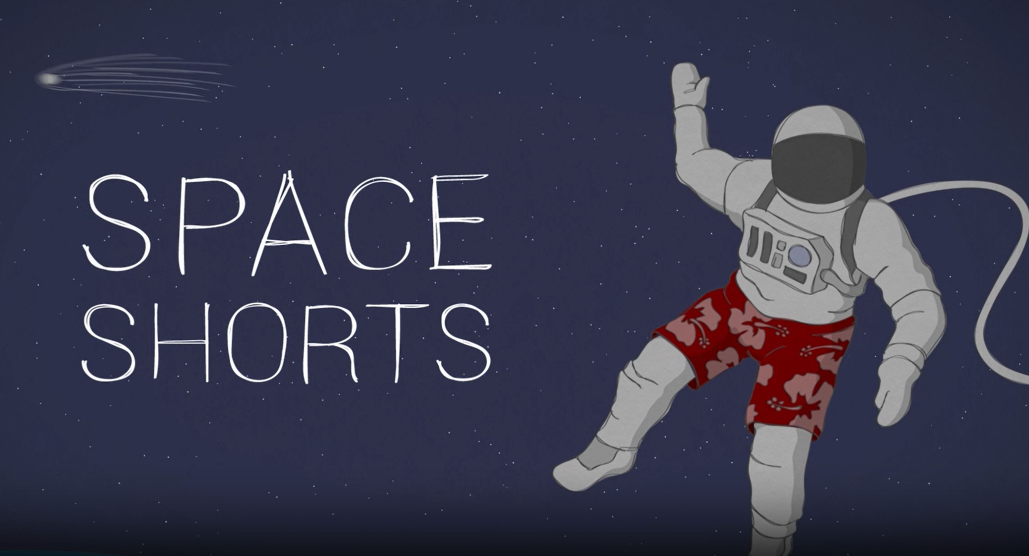 A purple slate for a video with the words "Space Shorts" and an illustration of an astronaut in a space suit with red shorts over the pants.